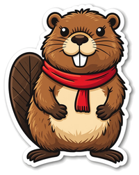 Cartoon beaver mascot wearing a red scarf